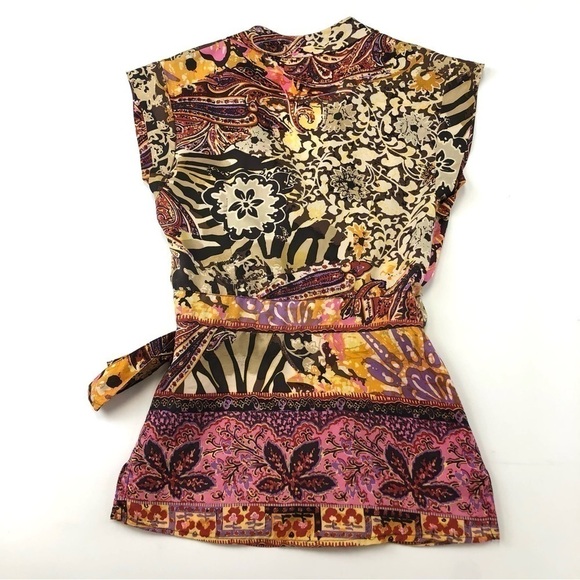 Pink Tartan silk wrap blouse in rich shades print XS - Picture 6 of 8